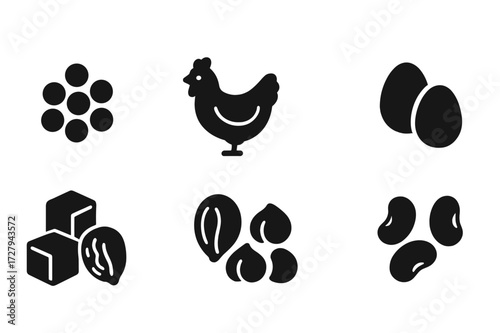 Protein Sources Icons. Solid, filled icon set of protein sources: lentils, chicken, fish, eggs, tofu, nuts, chickpeas, beans. [Line icons in only black color.