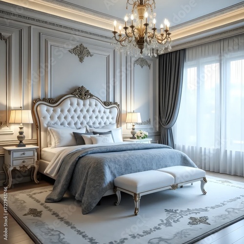 A luxurious bedroom with a large bed and a chandelier.