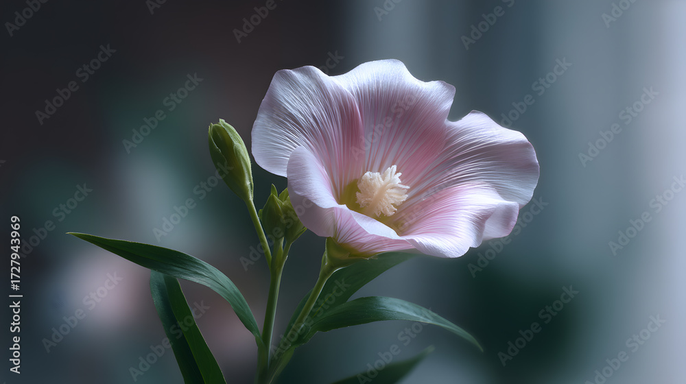 Fototapeta premium Delicate Bloom in Soft Light: A close-up showcases a radiant single flower, its petals gracefully unfurling. Bathed in soft light.