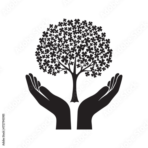 Hands Holding Tree Silhouette. Symbol of environmental protection, nature conservation, and sustainable growth. Black vector icon.
