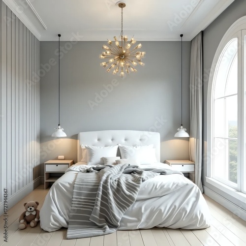 A white bed sitting in a bedroom next to a window.