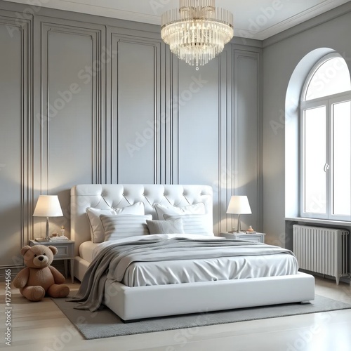 A white bed sitting in a bedroom next to a window.