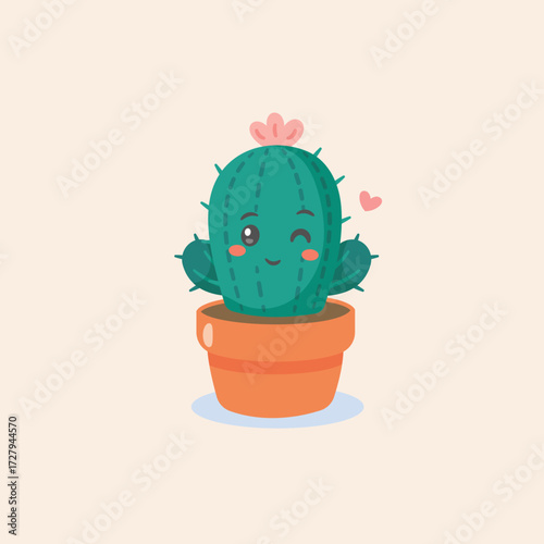 Adorable winking kawaii cactus character in a pot with a pink flower. Cute succulent plant with a heart, isolated flat vector illustration