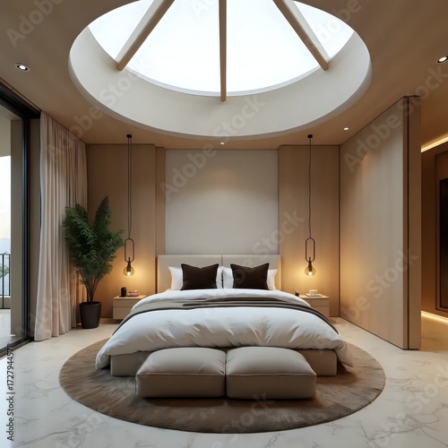 A large bed sitting in a bedroom under a circular ceiling.