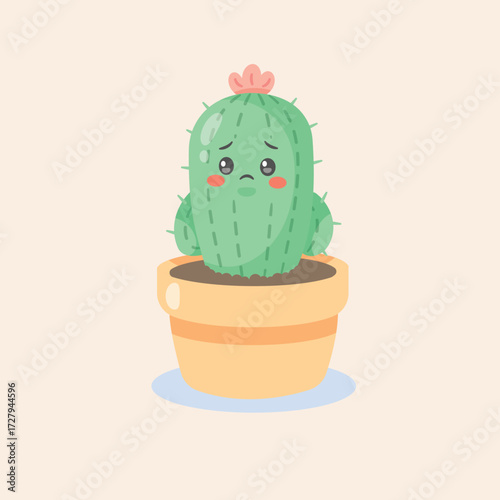 Adorable cartoon illustration of a sad and lonely kawaii cactus plant in a pot, feeling upset with teary eyes and a small pink flower
