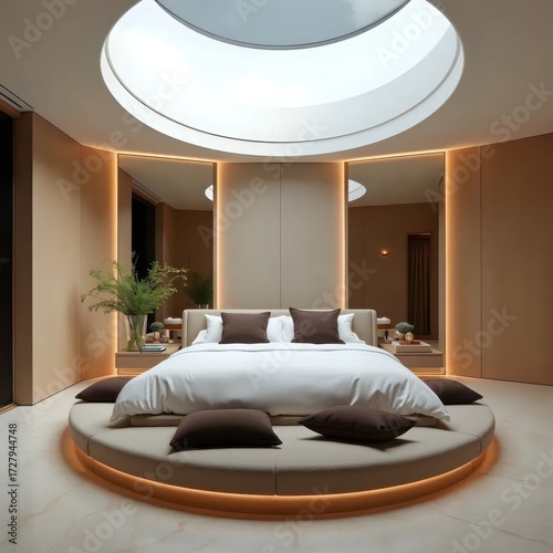 A bedroom with a circular bed in the middle of the room.