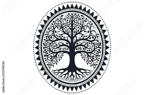Intricate black and white Tree of Life mandala symbol. A spiritual vector graphic icon with roots and branches isolated on a white background