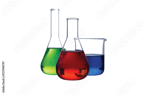 Laboratory glassware set with colorful chemical solutions in a beaker and flasks for scientific research and experimentation, isolated on a clean white background