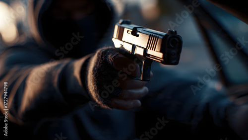 An anonymous assailant in a hoodie points a gun, a menacing concept of violent crime, danger, and direct assault.