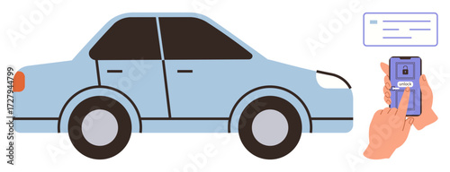 Blue car with dark windows alongside human hand pressing smartphone screen for keyless entry. Ideal for car technology, smart systems, security, remote control, innovation, convenience, simple flat