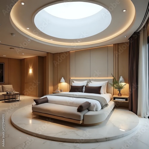 A bedroom with a circular bed in the middle of the room.