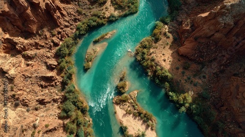 Aerial view of turquoise river in canyon