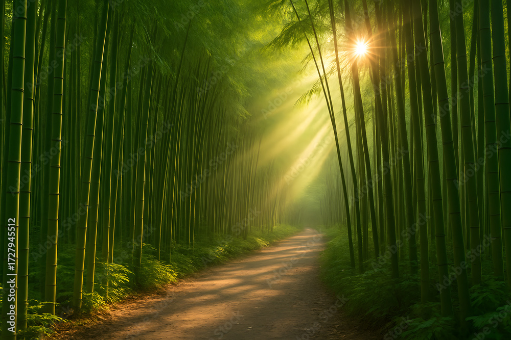 Naklejka premium Bamboo Forest Pathway with Sunlight Rays