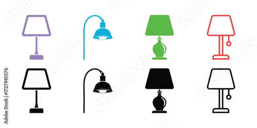 Modern Table Lamp and Floor Lamp Icons: Color Variations, Minimalist Style, Clean Design.
