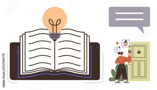 Open book with a lightbulb indicating ideas, woman accessing a locked door with digital tools, and a text bubble. Ideal for education, innovation, access control, creativity, technology, security