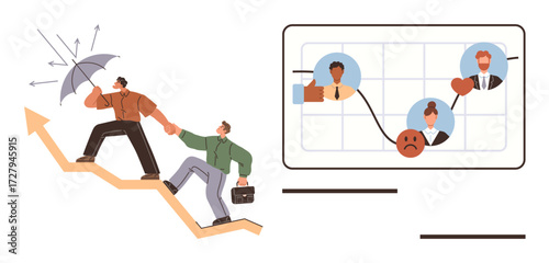 Two professionals climb an arrow with an umbrella shielding them from challenges while a screen displays business data with a downward trend. Ideal for growth, teamwork, leadership, challenges