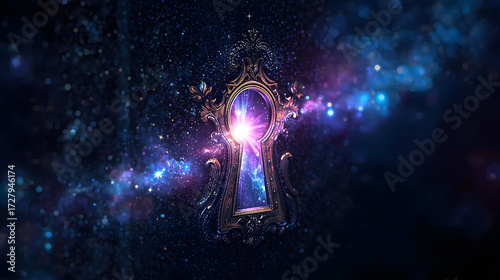 Ornate keyhole opening into galaxies and nebulae, radiant beams spill through a portal toward unknow