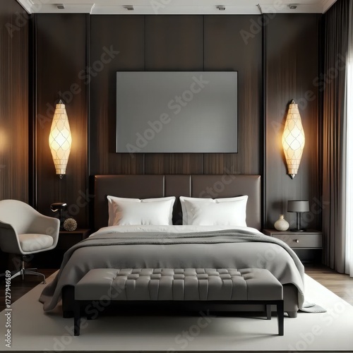 A bedroom with a large bed and a large mirror above it.