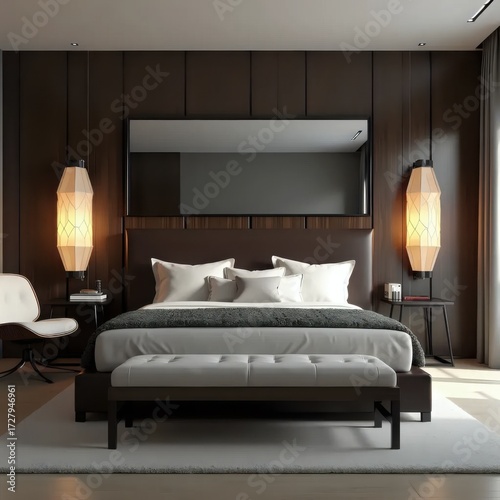 A bedroom with a large bed and a large mirror above it.