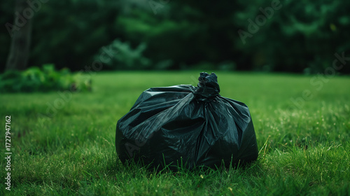 Saco de lixo preto em gramado verde em plano aberto