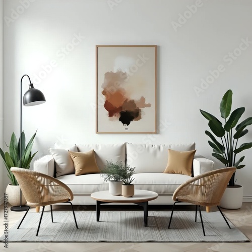 A living room with a white couch, two chairs and a table.