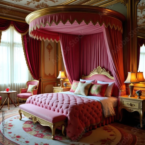 A luxurious bedroom with a canopy bed and a pink bedspread.