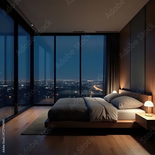 A bedroom with a view of the city at night.