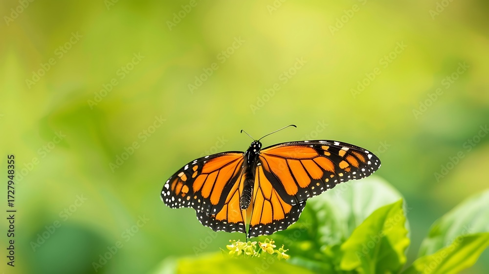 Fototapeta premium A monarch butterfly with vibrant orange and black wings rests on a green leaf