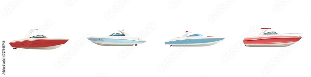 Obraz premium Collection of Four Speed Boats Isolated on White Background