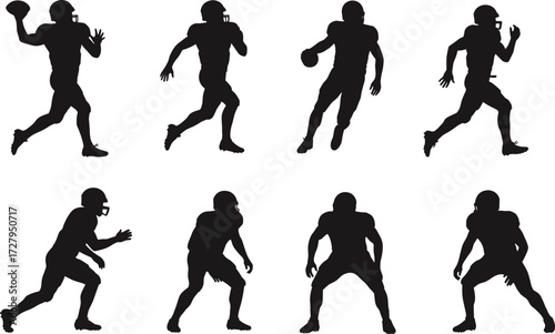 American football player silhouettes collection, quarterback throwing, runner sprinting, athlete tackling, sports action poses, competitive training, strength fitness, dynamic illustration