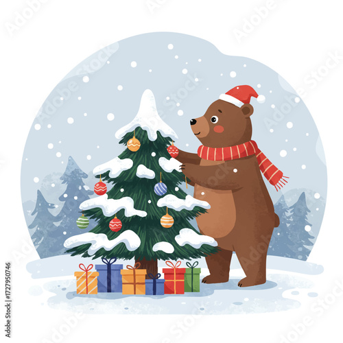 A charming 2D flat vector illustration depicts a cute bear cheerfully decorating a small, snow-dusted pine tree with vibrant holiday ornaments in a peaceful winter landscape.