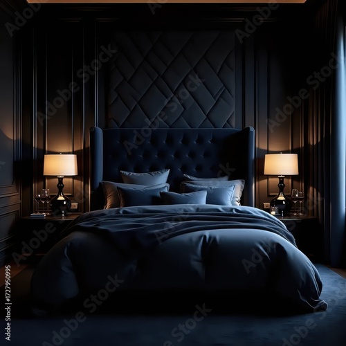 A dark bedroom with a large bed and two lamps.