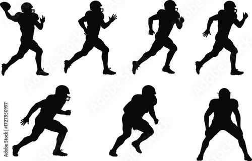 American football player silhouettes, athlete action poses, running, passing, tackling, sports illustration, competitive game, team training, fitness strength, dynamic movement