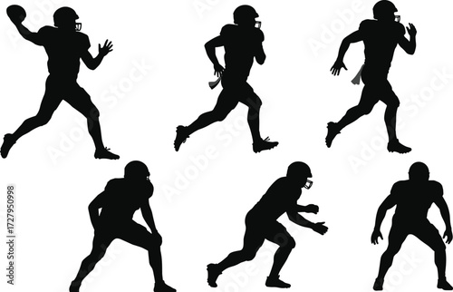 American football player silhouettes collection, quarterback throwing, runner sprinting, athlete tackling, sports action poses, competitive team training, fitness exercise, strength illustration