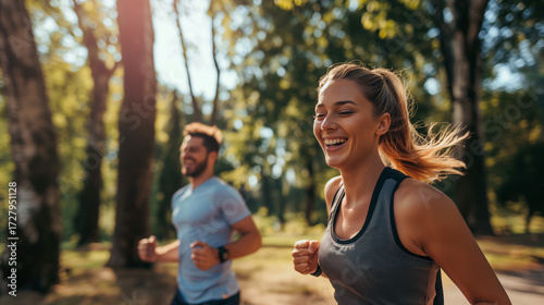 Casal Correndo no Parque em Tarde de Sol, com Mulher Sorrindo.