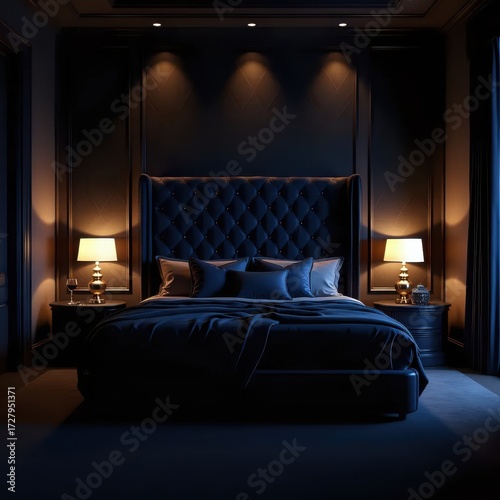 A dark bedroom with a large bed and two nightstands.