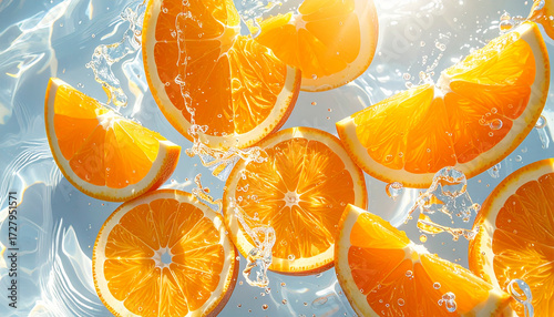 Juicy orange slices floating in clear water with splashes, bright tropical summer