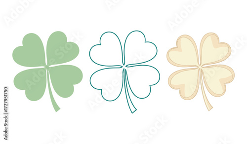 Three stylized four leaf clovers in green teal and cream colors luck lucky