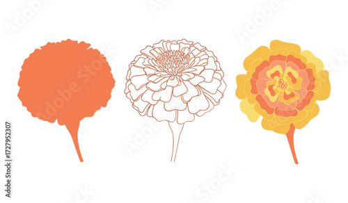 Three stylized marigold flower representations solid outline and colored zinnia flower floral