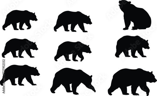Bear silhouette vector illustration, wild animal, forest wildlife, grizzly bear, walking bear, sitting bear, black shape, predator, strong mammal, nature