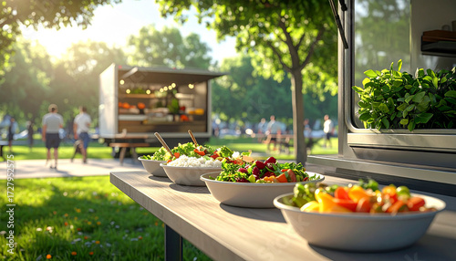 Healthy food truck serving balanced meals in a park, people ordering fresh salads