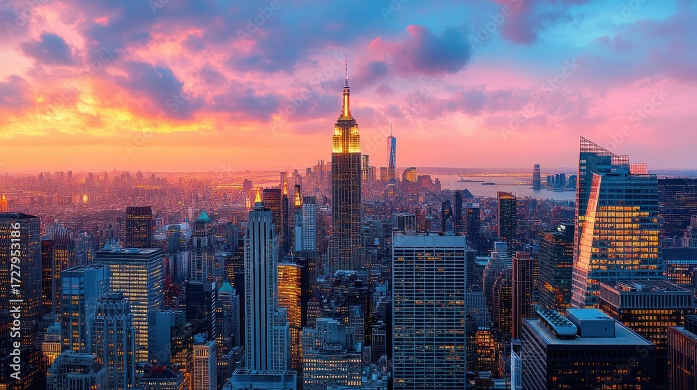 Obraz premium Sunset over a bustling city skyline with towering skyscrapers and vibrant colorful clouds in the sky