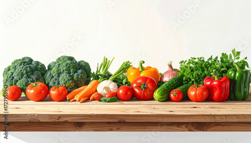 Fresh vegetables neatly arranged on a wooden table, including carrots, broccoli, tomato