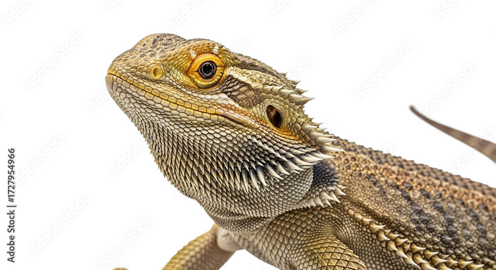 Obraz premium Bearded dragon lizard head close-up isolated on white background looking up.