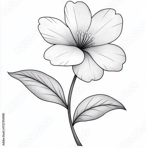 Detailed black and white drawing of a flower with five large petals, a central pistil with multiple stamens, and two textured leaves on a curved stem