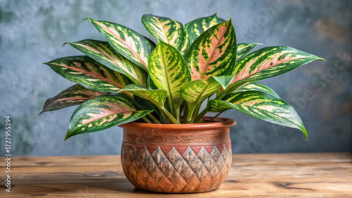A vibrant dieffenbachia plant in a terracotta pot with a rustic background