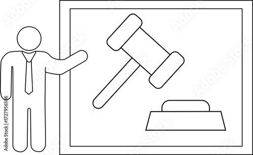 sketch of presentation person icon and judge's gavel icon