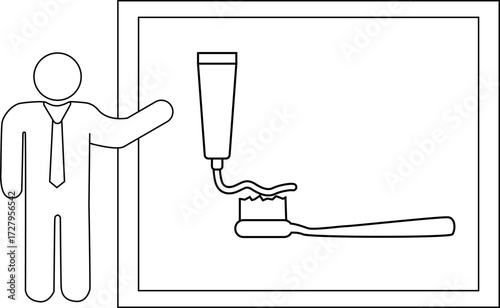 sketch of presentation person icon and toothpaste and toothbrush icon