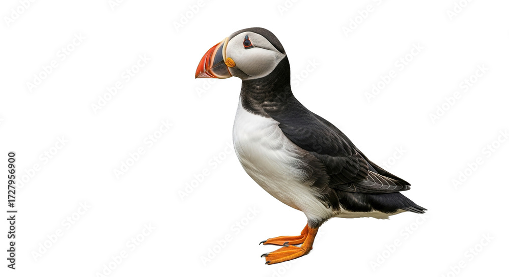 Obraz premium Atlantic puffin bird stands on a rock against a white background.