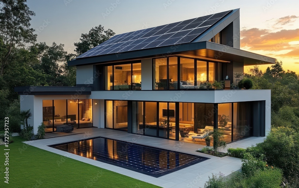 Fototapeta premium Modern two-story house with large glass windows illuminated at dusk surrounded by greenery and featuring solar panels on the roof and a reflecting pool in front